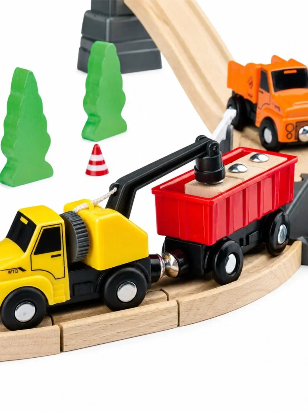 Wooden Construction Train Set Crane Trucks Railway Track Kids Toy Playset